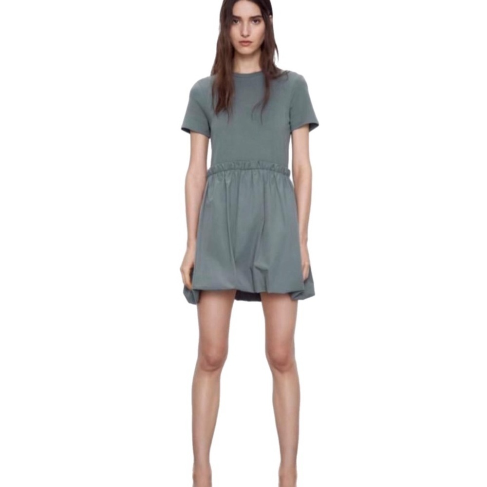 Zara Like New Green Combination Mini Dress with Voluminous Hem Size Medium